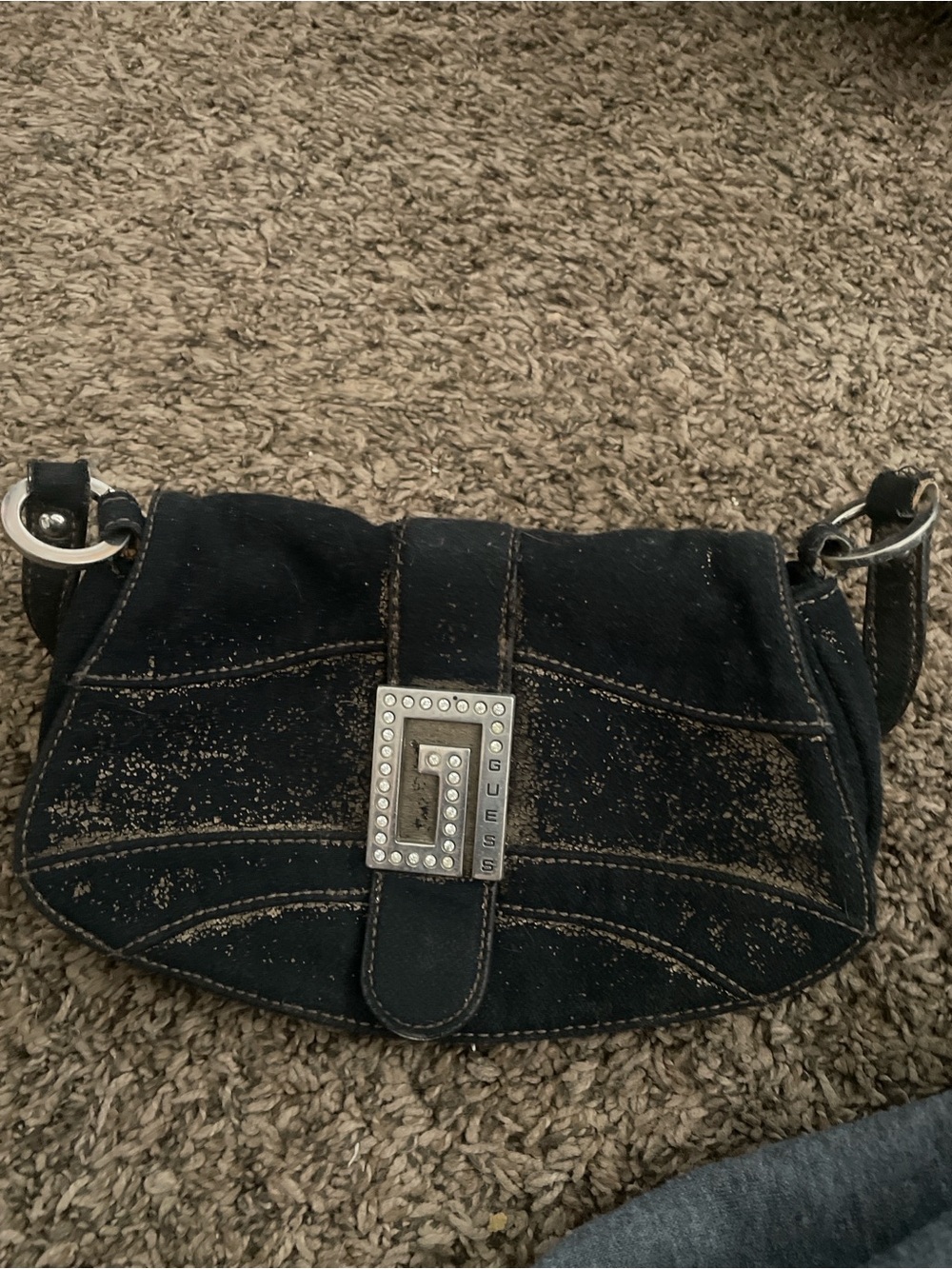 GUESS Black Denim Shoulder Bag with Studded Buckle